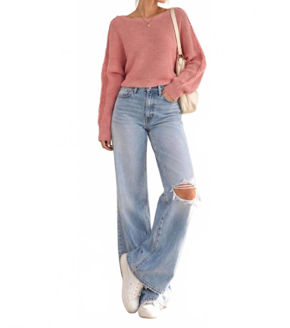 NEW LA MIEL cropped boat neck long sleeve knit sweater in dusty rose pink
